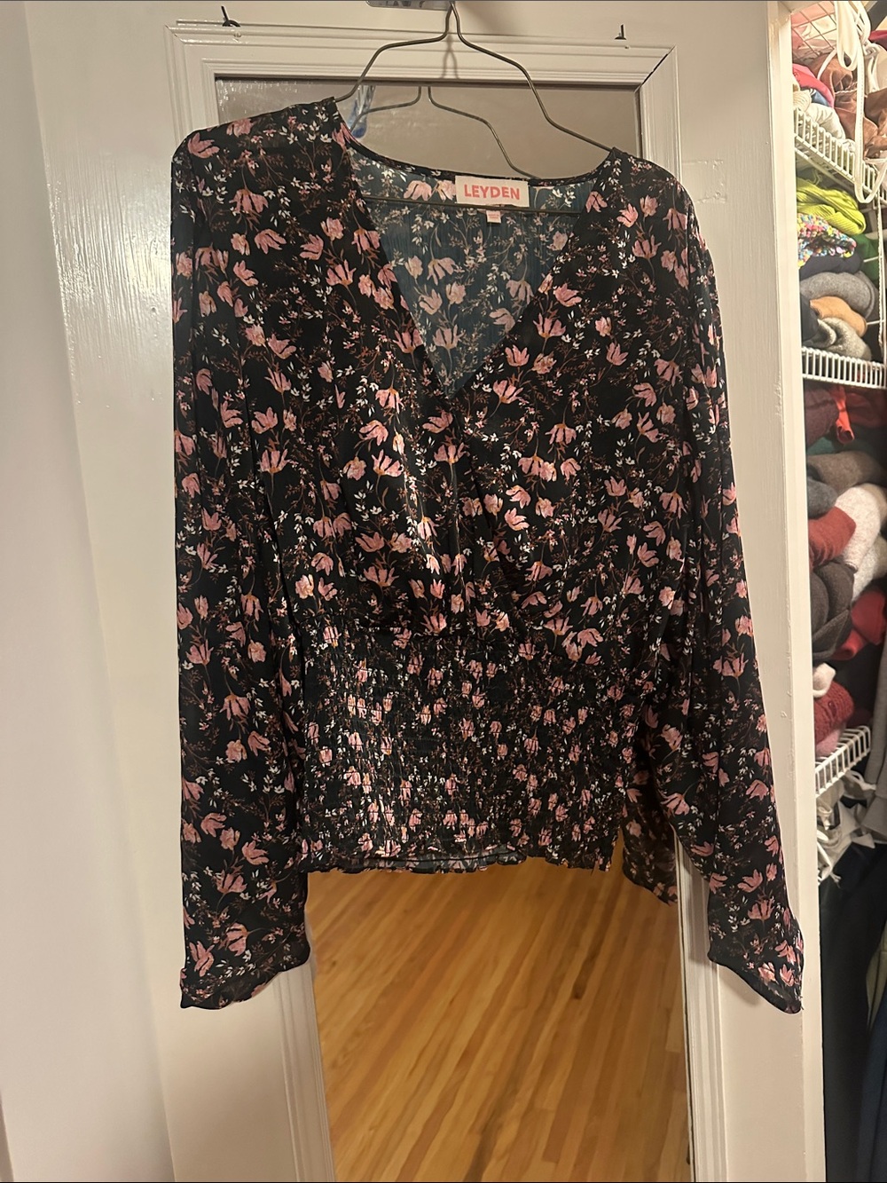 LEYDEN Black Long-Sleeve V-Neck Floral Blouse with Pink Accents